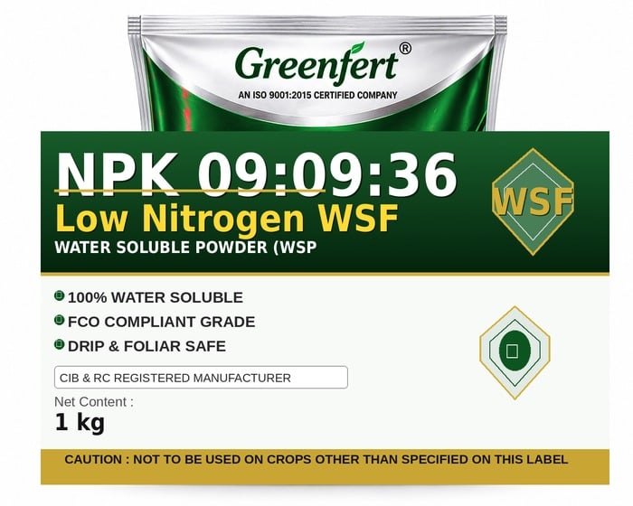 Greenfert NPK 09:09:36 Low Nitrogen WSF — WSF packaging bag