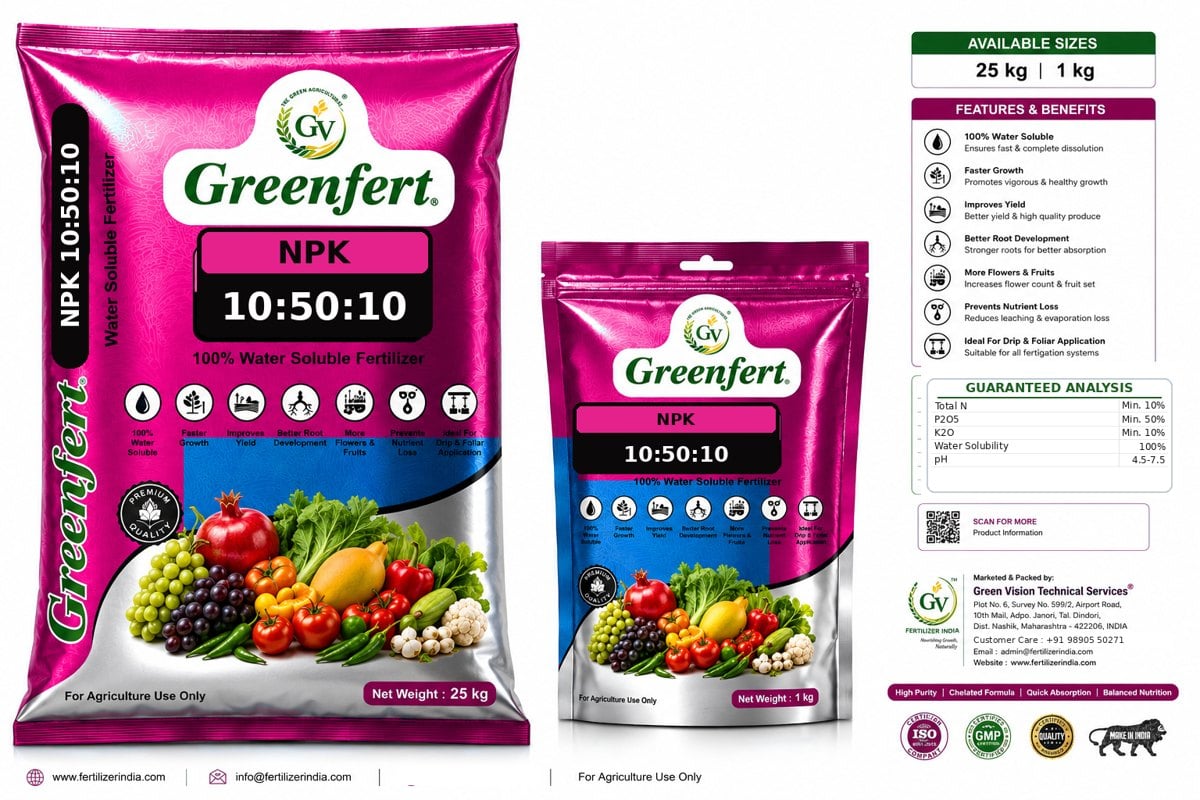 Greenfert NPK 10:50:10 Water Soluble Fertilizer packaging