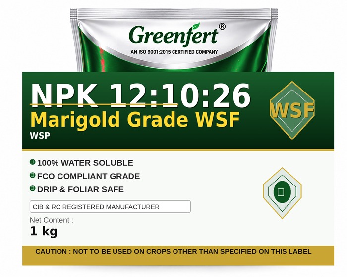 Greenfert NPK 12:10:26 Marigold Grade WSF — WSF packaging bag
