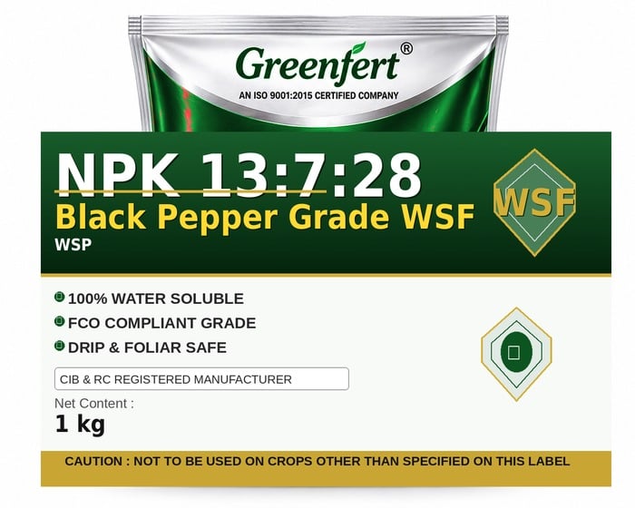 Greenfert NPK 13:7:28 Black Pepper Grade WSF — WSF packaging bag