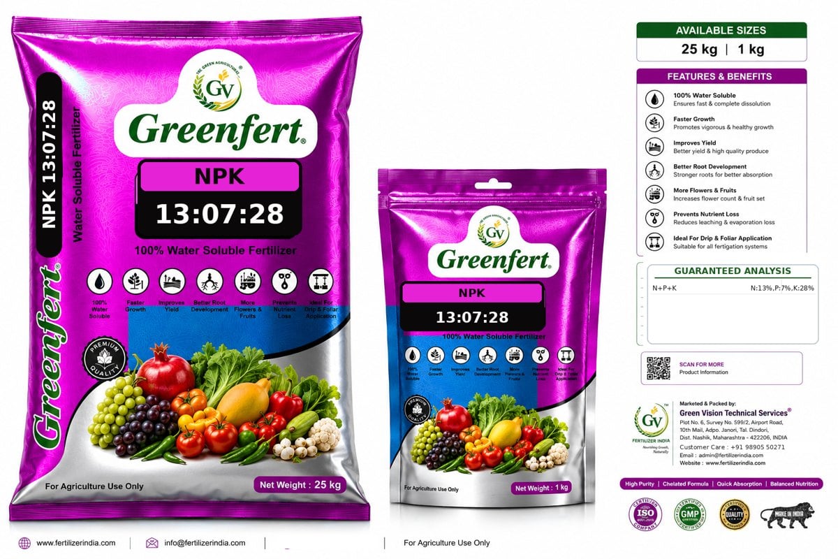 Greenfert NPK 13:7:28 Carnation Grade WSF packaging