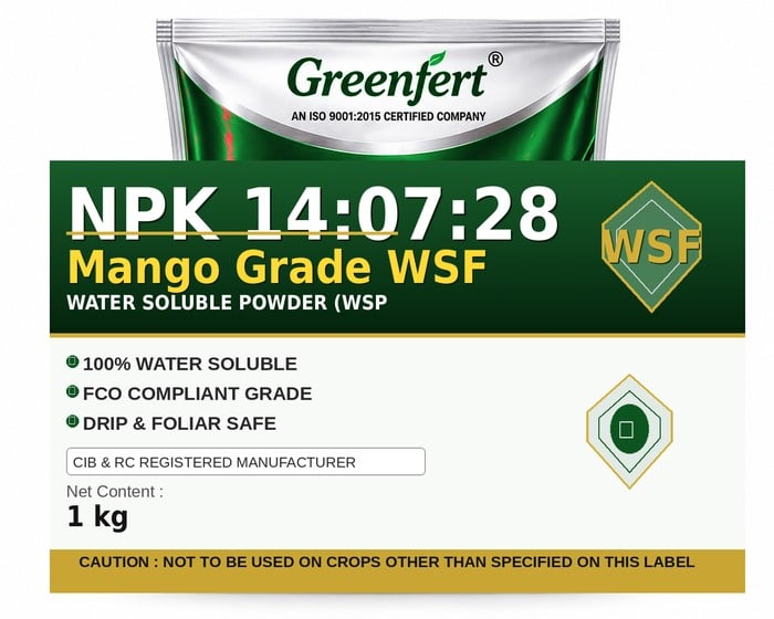 Greenfert NPK 14:07:28 Mango Grade WSF — WSF packaging bag