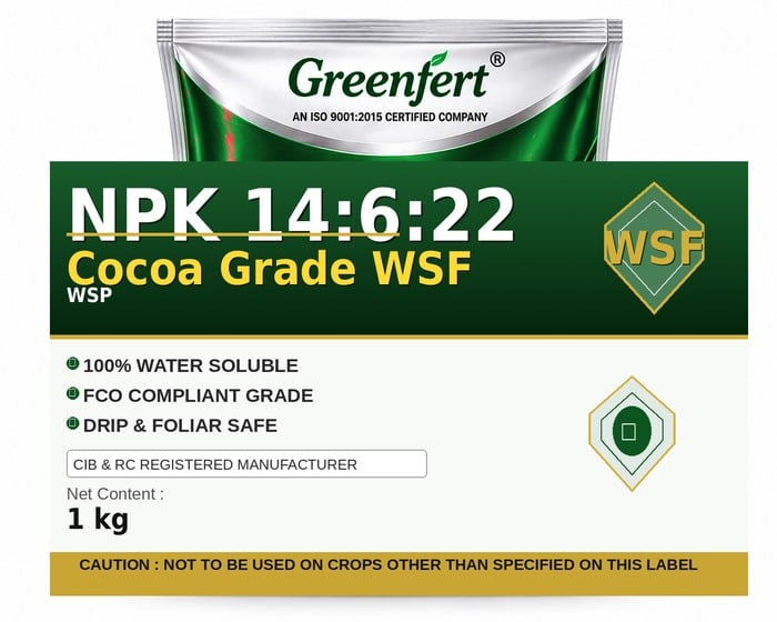 Greenfert NPK 14:6:22 Cocoa Grade WSF — WSF packaging bag