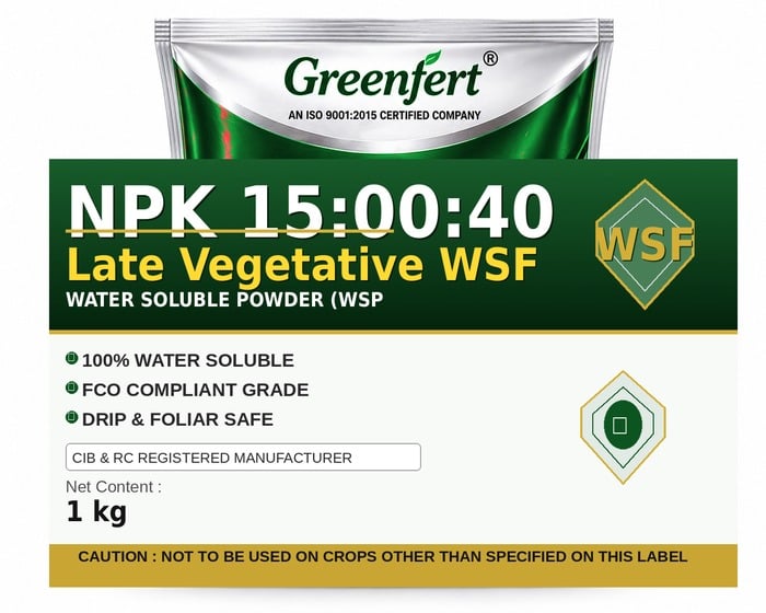 Greenfert NPK 15:00:40 Late Vegetative WSF — WSF packaging bag