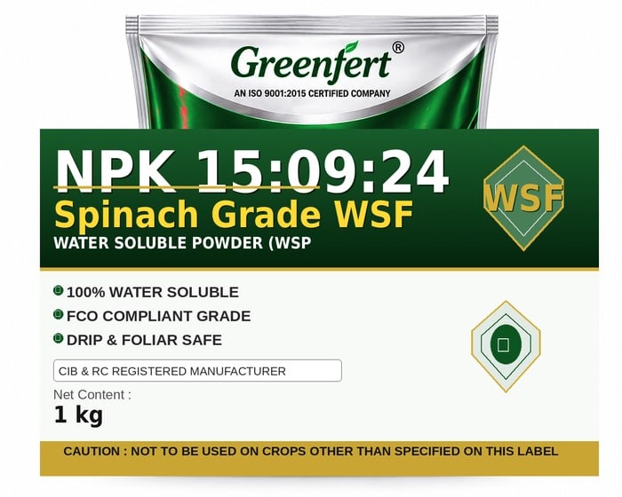 Greenfert NPK 15:09:24 Spinach Grade WSF — WSF packaging bag