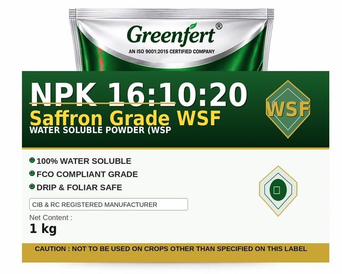 Greenfert NPK 16:10:20 Saffron Grade WSF — WSF packaging bag