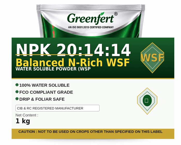 Greenfert NPK 20:14:14 Balanced N-Rich WSF — WSF packaging bag