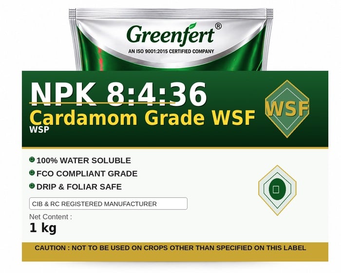 Greenfert NPK 8:4:36 Cardamom Grade WSF — WSF packaging bag