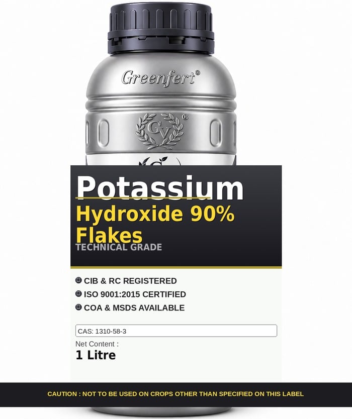 Potassium Hydroxide 90% Flakes — technical grade jar