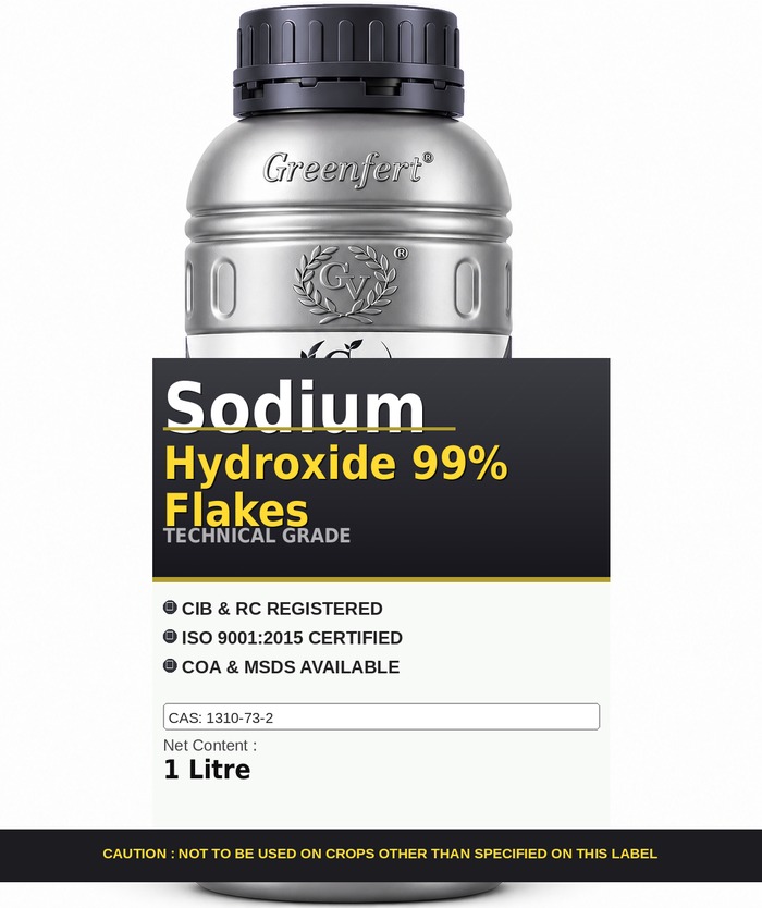 Sodium Hydroxide 99% Flakes — technical grade jar